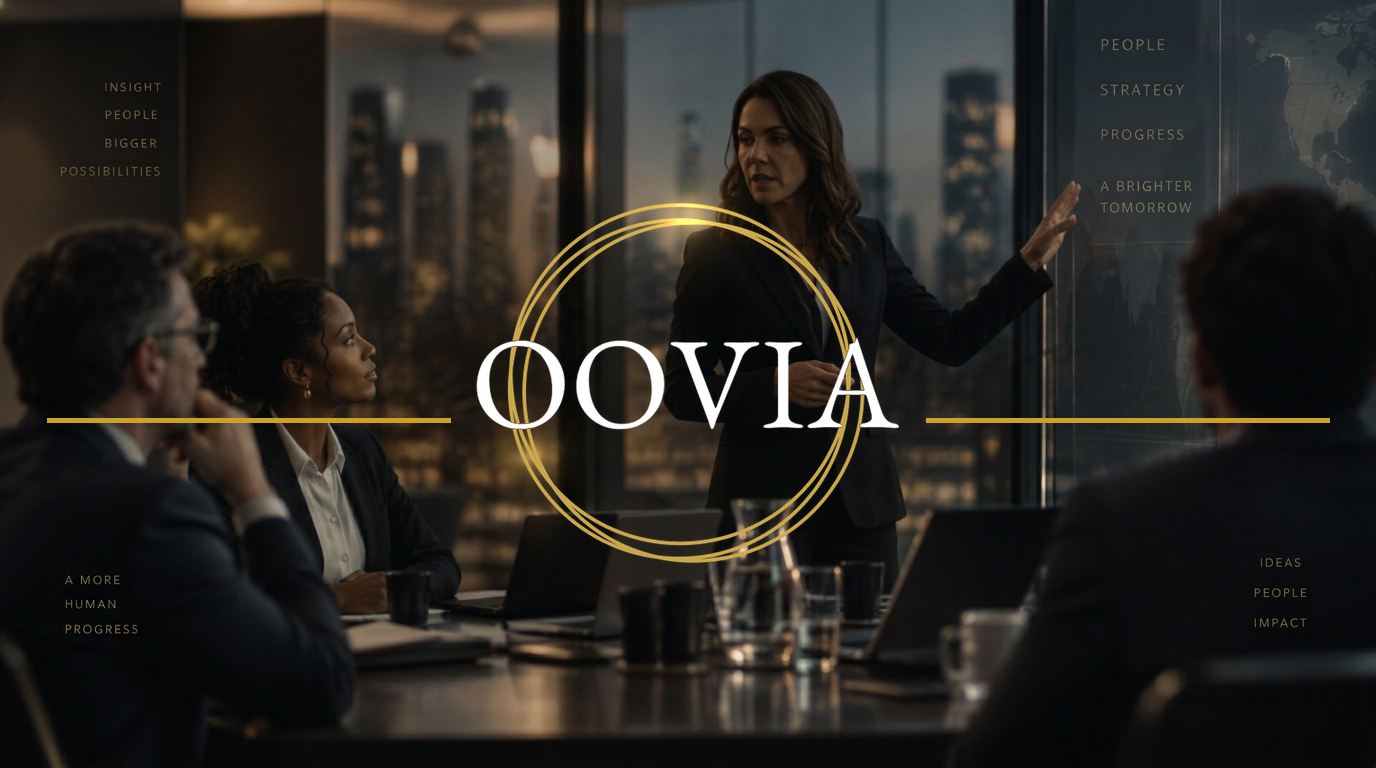 OOVIA wordmark in three gold rings over a consultant leading a boardroom meeting